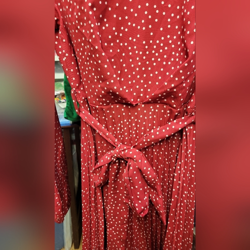 Zip Up Long Sleeve Red Polka Dot Tie Belted Pleated Skirt of Dress Medium - Picture 2 of 9